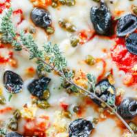 Sicilian · Fresh herbs, black olives, capers, roasted garlic, Grana Parmesan, mozzarella, and our authe...