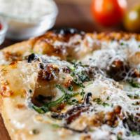 Sausage Bianca · Spicy Italian sausage, caramelized onions, Grana Parmesan, mozzarella, provolone and our hom...
