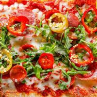 Italian Deluxe · Pepperoni, salami, arugula, cherry peppers, mozzarella, provolone, and our authentic pizza s...