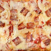 Amatriciana · Smoked bacon, white onion, Grana parmesan, mozzarella, provolone, and our authentic pizza sa...