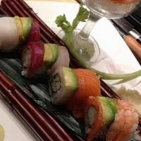 Rainbow Roll · California roll wrapped with assorted fishes and avocado.