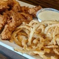 Chicken Tenders (6) · Hand breaded and fried, served with one side, choice of dipping sauce. Add sauce for an addi...
