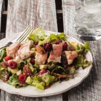 Raspberry Pecan Chicken Salad · Fresh green lettuce mix with grilled chicken breast, Mandarin oranges, pecans, crumbled Feta...