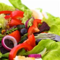 House Salad · Fresh green lettuce mix, tomatoes, black olives, sliced cucumber, red onions, bell peppers, ...