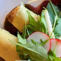 Short Rib Pfannakuken · braised short rib, german pfannakuken, braised red cabbage, arugula apple radish salad