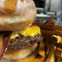 X'S And O'S · House blend beef patty topped with crispy bacon, American cheese and a side of maple syrup g...