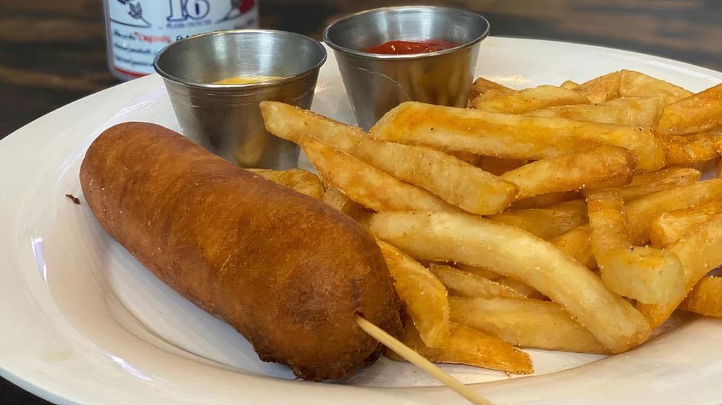 Corn Dog · Nathan's all-beef dogs dipped in hush puppy batter and fried.