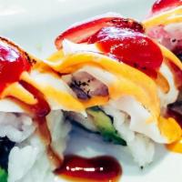 Steph'S Roll · Shrimp tempura, yellowtail, jalapeno, avocado topped with seared tuna, escolar (white tuna),...