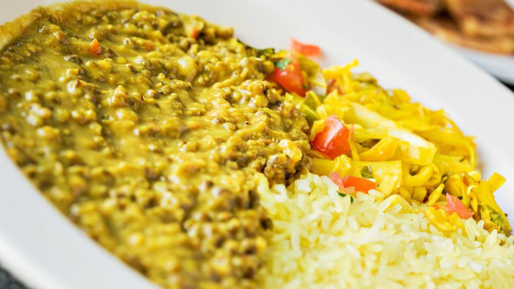 Dengu Na Chapati (Vegan) · Green lentils cooked in palace blend seasonings, curry, and coconut milk. Choose two sides