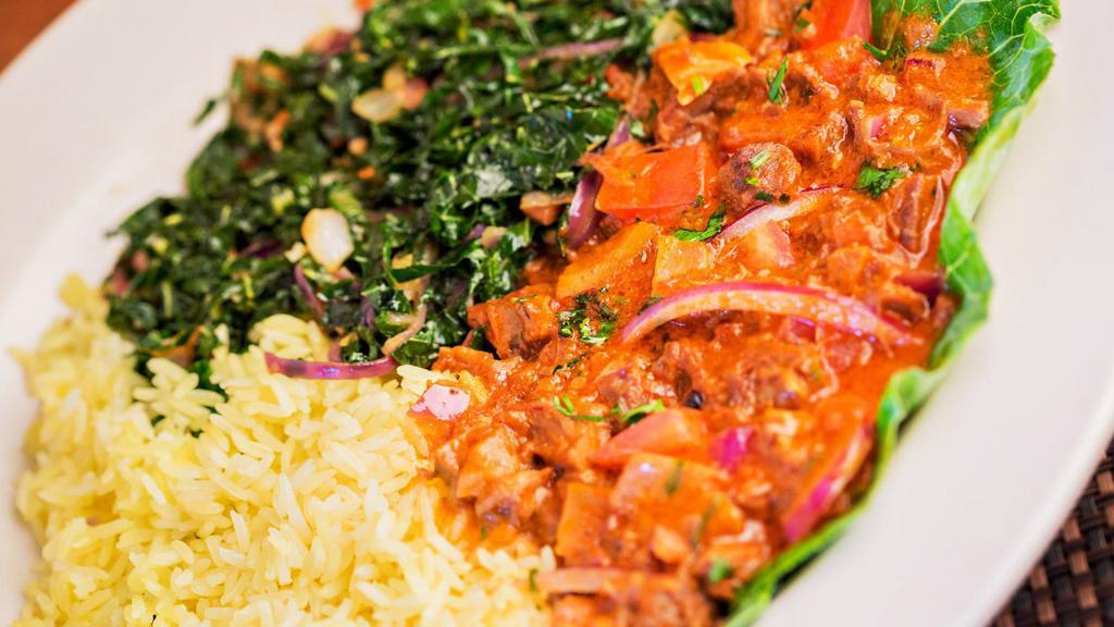 Curry Goat · Goat meat sauteed in onions, tomatoes, garlic, royco mchuzi mix and 