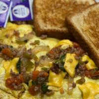 Omelet · Eggs, cheese, onions and peppers with one breakfast meat
choose  meat  sausage,bacon,polish,...