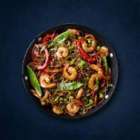 Sumo Shrimp Noodles · Noodles stir-fried with fresh shrimp, fresh seasoned mixed vegetables, and Indo-Chinese shez...