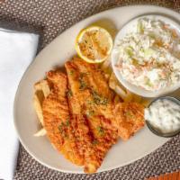 Fish & Chips · A generous portion of fresh northern atlantic cod battered and lightly fried, served on a be...