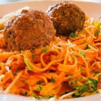 Spaghetti W/ Marinara & Meatballs · Our Housemade Spaghetti & Marinara w/ 2 Beef Meatballs.