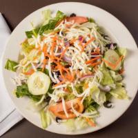 Garden Salad · Lettuce, tomatoes, black olives, red onions, carrots, cucumbers, & mozzarella cheese.