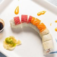 Rainbow · california roll topped w/ slices of salmon, tuna, and  escolar fish