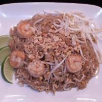 Pad Thai · National dish of Thailand. Thin rice noodles, egg, bean sprouts, crushed peanuts.