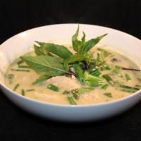 Green Curry · A blend of green pepper, herbs and spices with green beans and fresh Thai basil leaves. Serv...