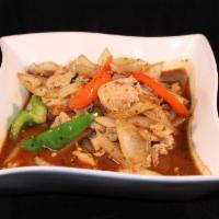 Basil Entree · Sliced onions and bell peppers simmered in a basil sauce and served with a side of jasmine r...