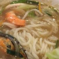 Udon Soup · Non-spicy noodle soup with shrimp, mussels, assorted seafood, green onions, onions, mushroom...