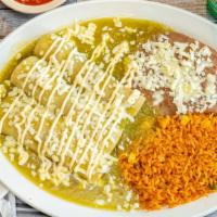 Enchiladas (Green, Red Or Dip) · (Green, Red or Dip) With your choice: beef, chicken or cheese.