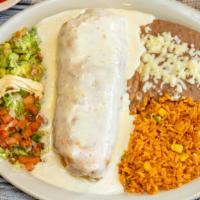 Chimichanga · Beef or chicken. Served with salad rice & beans.
