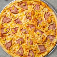 Hawaiian Pizza · Our famous house made dough topped with red sauce, ham, pineapples, and our house cheese blend