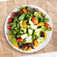 House Salad · Fresh green lettuce mix, tomatoes, black olives, red onions, bell peppers, and shredded mozz...