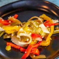 Peppers & Onions · Onions, Green, Yellow, & Red Bell Peppers sauteed with a little garlic