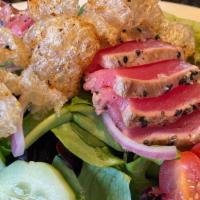 Ahi Tuna Keto Salad · Seared Ahi Tuna in Coconut Oil, Organic Spring Mix, Cucumbers, Grape Tomatoes, Onions, Crisp...