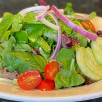 House Salad · Organic Spring Mix, Grape Tomatoes, Red Onions, Cucumbers.
