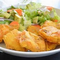 Fish Pakora (5 Pieces) · Sliced fish, first marinated in a mixture of yogurt, spices, and lime juice, then dipped in ...