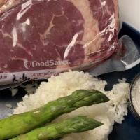Ribeye Kit · Kit includes one wet aged ribeye (uncooked), rice and asparagus. Serves 1
Pan sear on medium...