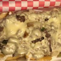 H&H Philly Steak Fries · Fries topped with zesty ranch sauce, philly steak, mozzarella cheese, bell peppers,  and oni...