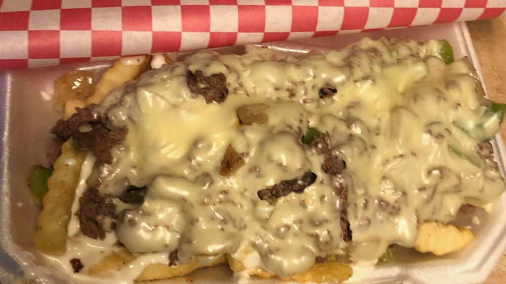 H&H Philly Steak Fries · Fries topped with zesty ranch sauce, philly steak, mozzarella cheese, bell peppers,  and onions