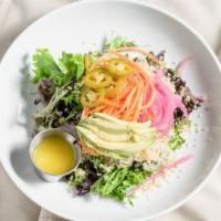 Quinoa Salad · Quinoa, mixed greens, pickled veggies (onions, carrots and jalapenos- pickled in house) , av...