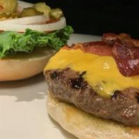 Bacon Cheddar Burger · Cheddar, bacon, lettuce, tomato, onion, pickles / Choice of Side