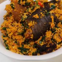 Egusi With Pounded Yam Or Eba · Ground melon seed soup fried in palm oil with onions, dried fish, garlic, spices and  beef.