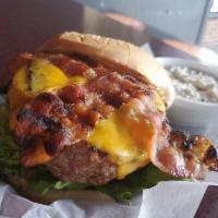 Bacon Cheddar Burger · Grilled with lettuce, tomato, pickles, onions, cheddar cheese, apple wood smoked bacon, and ...