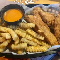 Chicken Tenders · Hand breaded tenders served with fries and your choice of dipping sauce.