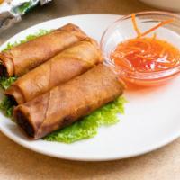 Eggrolls · 3 pieces. Crispy fried egg rolls filled with ground pork, carrots, noodles, and onions serve...