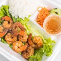 Chargrilled Shrimp · Served with cucumber, pickle carrots, cilantro and a side of steam rice.
