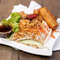 Vietnamese Rice Noodle Salad With Egg Roll & Tofu · Vermicelli rice noodle, egg roll, tofu, lettuce, pickled daikon+carrot, bean sprout, cucumbe...