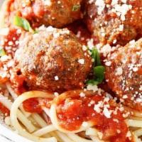 Spaghetti & Meatballs · Homemade meatballs, marinara sauce topped with fresh veggies