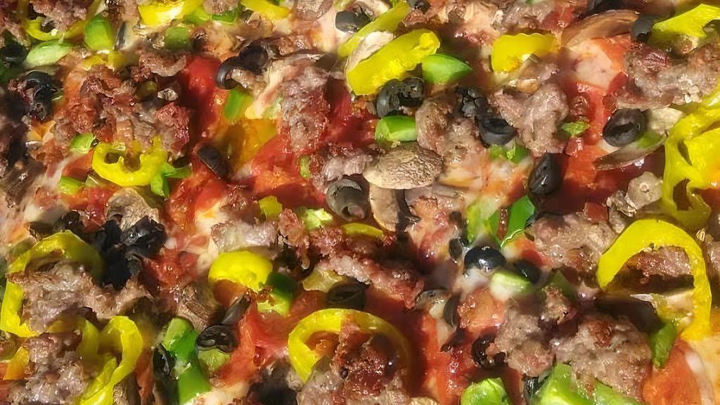 Masterpiece · Pepperoni, ham, Italian sausage, ground beef, mushrooms, black and green olives, onions, green peppers, artichoke hearts, jalapeños, anchovies, and extra cheese