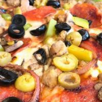 Super Veggie · Mushrooms, black and green olives, onions, green peppers, artichoke hearts, tomatoes, spinac...