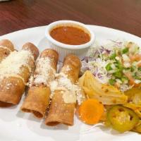 Tacos Hondurenos (4 Pieces) · Four fried tacos filled with chicken, side cabbage salad, grated Honduran cheese, and in-hou...