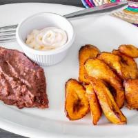 Plátano Maduro Con Crema Y Frijoles · Fried sweet plantains served with Honduran cream and refried beans.