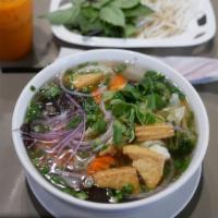 Pho (Large) · Flat rice noodles, choice of protein, beef bone marrow broth, thai, basil, mint, cilantro, r...