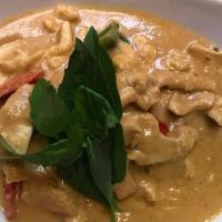 L Pumpkin Curry · (SPICY) Red curry in coconut milk with pumpkin, bell pepper and fresh basil leave